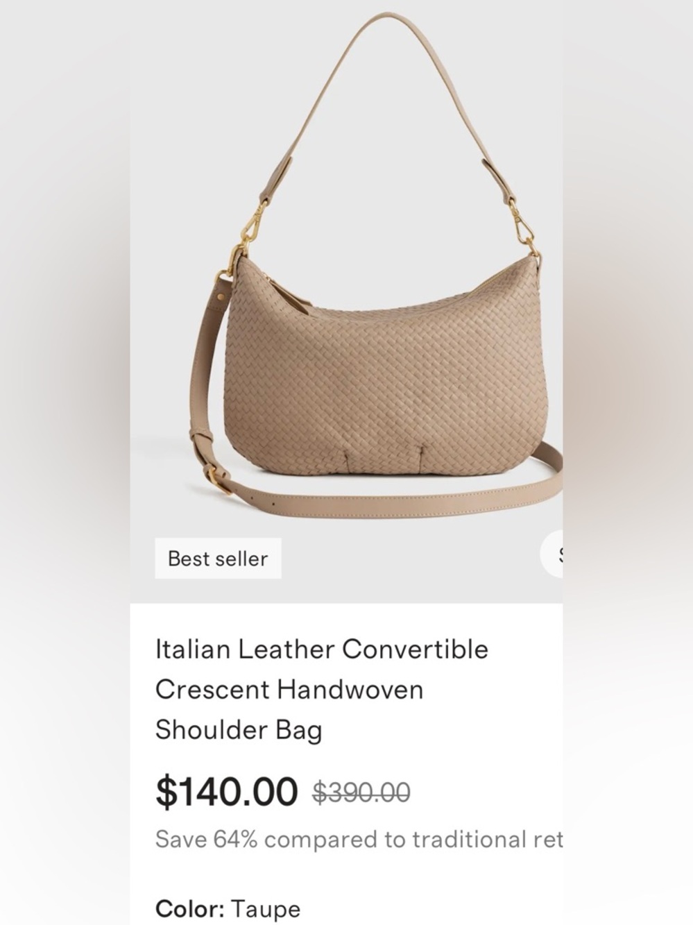 Quince Taupe Italian made Handwoven Convertible Crescent Shoulder Bag